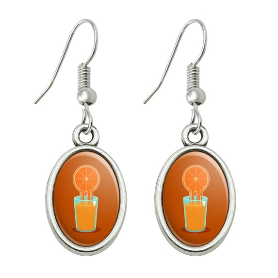 Glass of Orange Juice OJ Novelty Dangling Drop Oval Charm Earrings