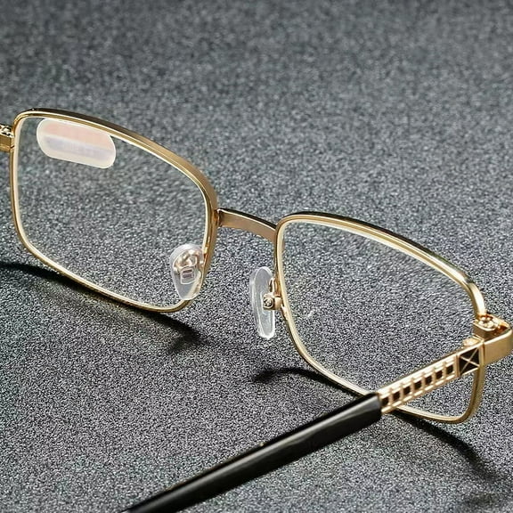 Glass reading glasses with full frame, gold color, suitable for both men and women wearing fashionable reading glasses-+200 degrees
