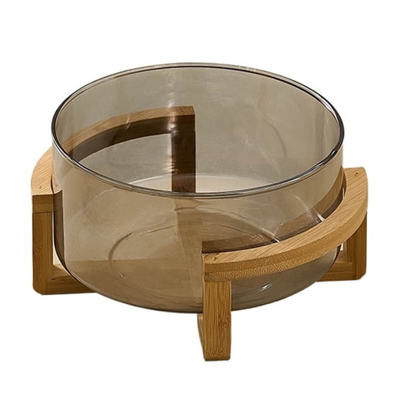 Glass salad bowl, with wooden base glass bowl, glass fruit plate, household glass bowl, dried fruit dessert plate, for kitchen restaurant with fruit and desserts