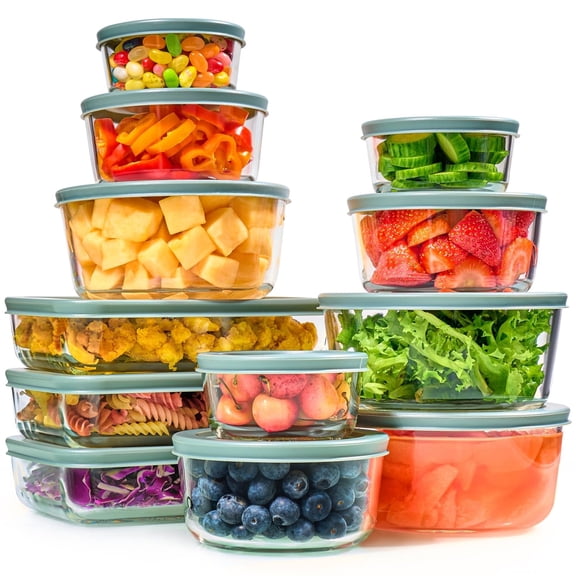 Glass storage containers with airtight lids, 24pc set of leakproof BPA free meal prep containers, stackable lunch boxes for kitchen pantry organization, microwave freezer dishwasher safe, clear