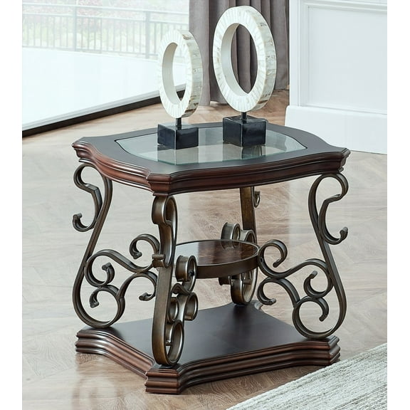 Glass top MDF End table. Middle shelf with marble paper. Powder coat metal legs. 26.3"Lx26.3"Wx24"H. Enchanting design.