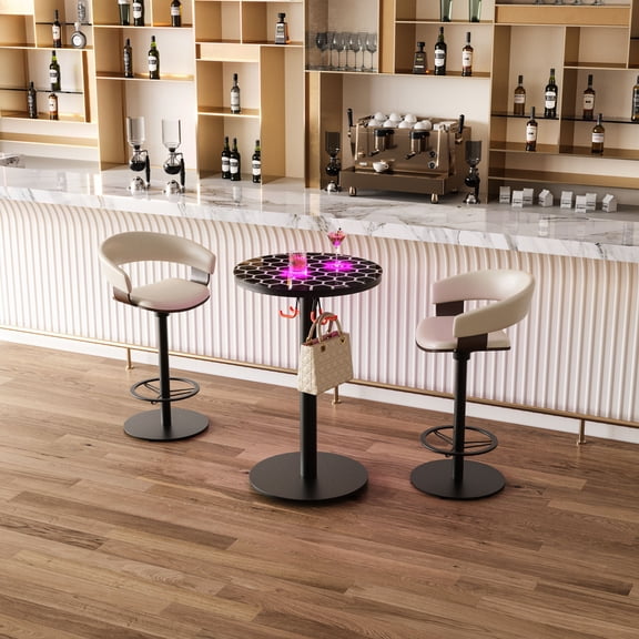 Glass top bar table with touch light system for entertaining in party zones, featuring a large steel base and simple cleaning
