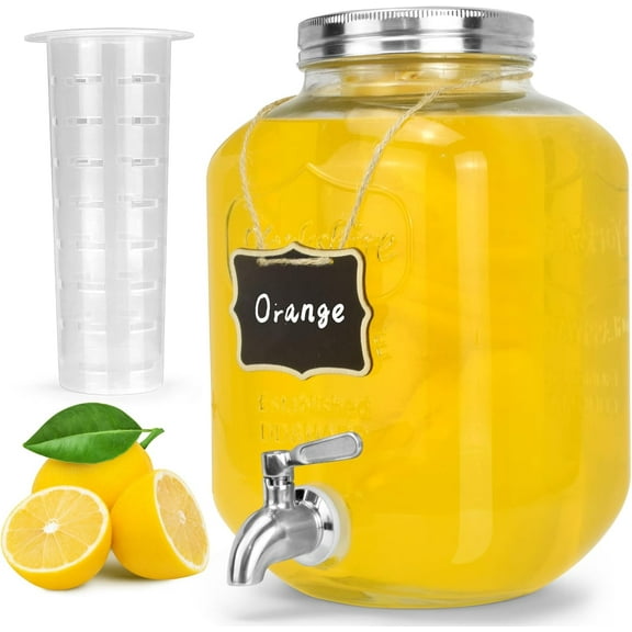 Party glass beverage dispenser. Drink dispenser with stand and stainless steel faucet. Lemonade dispenser with ice jar. Mason jar, laundry detergent dispenser.