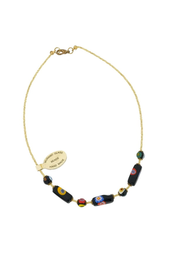 Antique Venetian Beads Murano Glass Necklace - Black Millefiori
