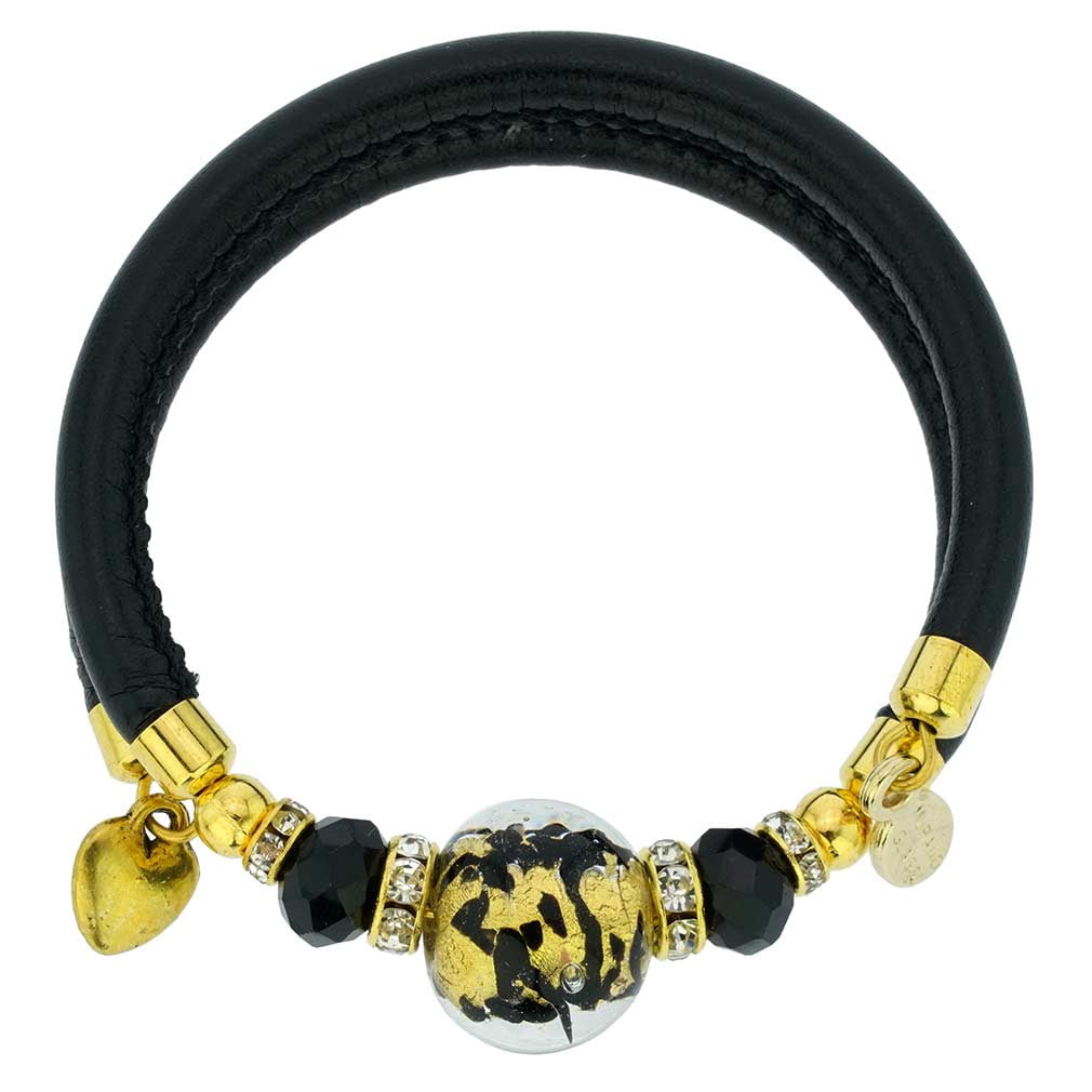 Glass Of Venice Dorato Murano Glass Leather Bracelet - Black, Handmade In Italy With Authenticity Documentation