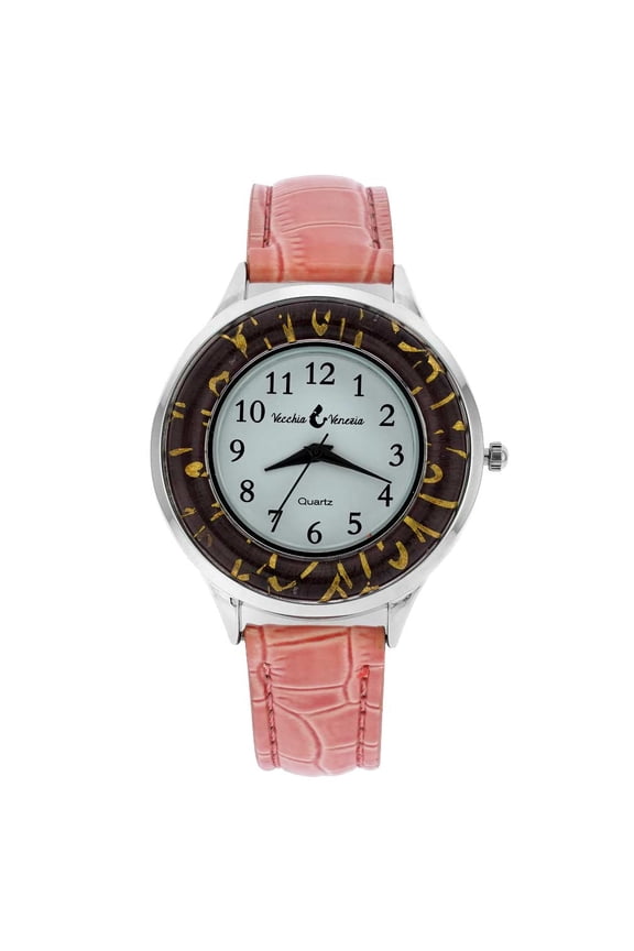 Gold Leaf Murano Glass Watch With Leather Band - Pink