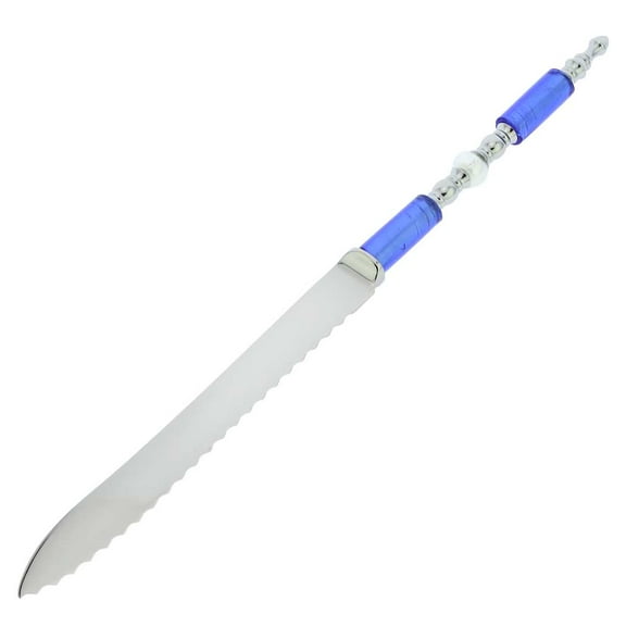 GlassOfVenice Italian Murano Glass Wedding Cake Knife - Silver Blue Stripes