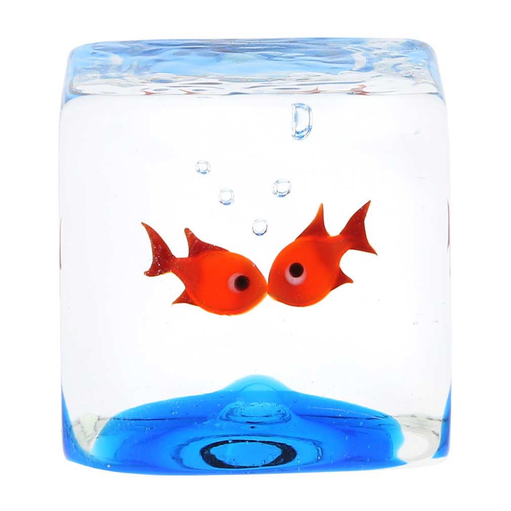 Murano Glass Cube with Goldfish and Blue Base