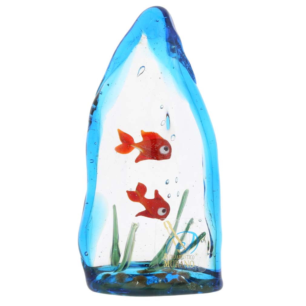 GlassOfVenice Murano Glass Aquarium Cube With Tropical Fish - Handmade In Italy, Authentic Art Glass