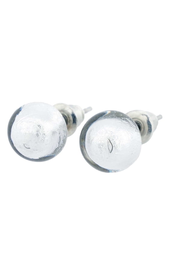 Murano Glass Ball Stud Earrings - Silver White