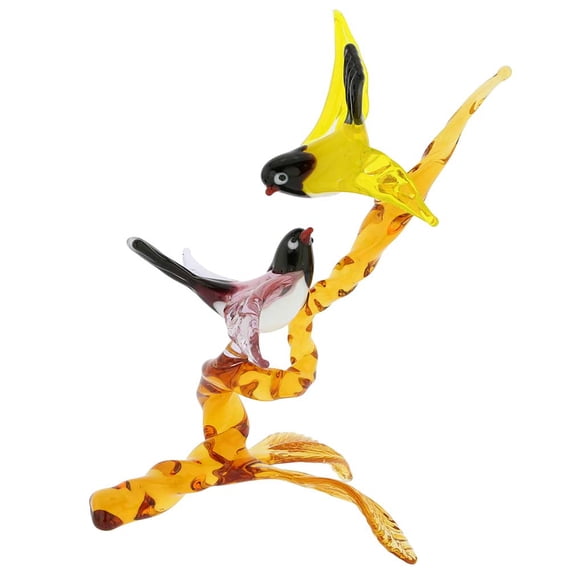 GlassOfVenice Murano Glass Birds on Golden Brown Branch - Purple and Yellow