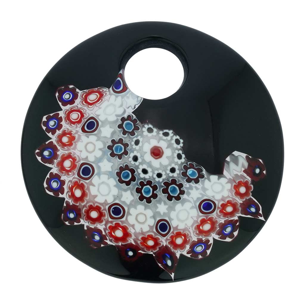 Glass Of Venice Murano Glass Black & Red Millefiori Pendant – Handmade Round Pendant With Velvet Pouch