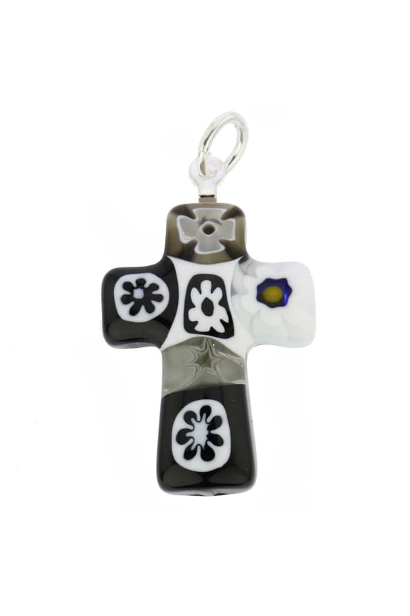 Murano Glass Black and White Millefiori Small Cross Pendant