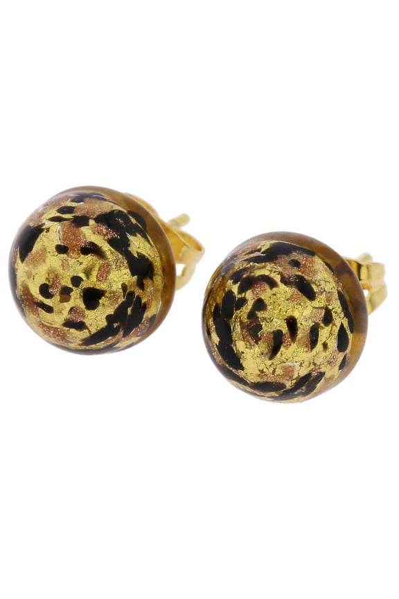 Murano Glass Button Stud Earrings - Black Gold Confetti