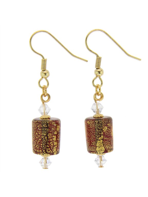Murano Glass Ca D'Oro Barrel Earrings - Ruby Red