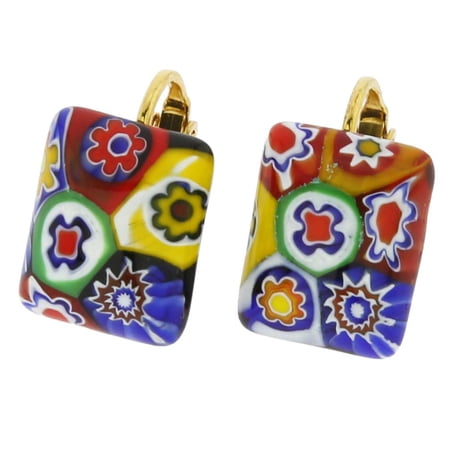 GlassOfVenice Murano Glass Color Splash Millefiori Rectangular Clip Earrings - Multicolor