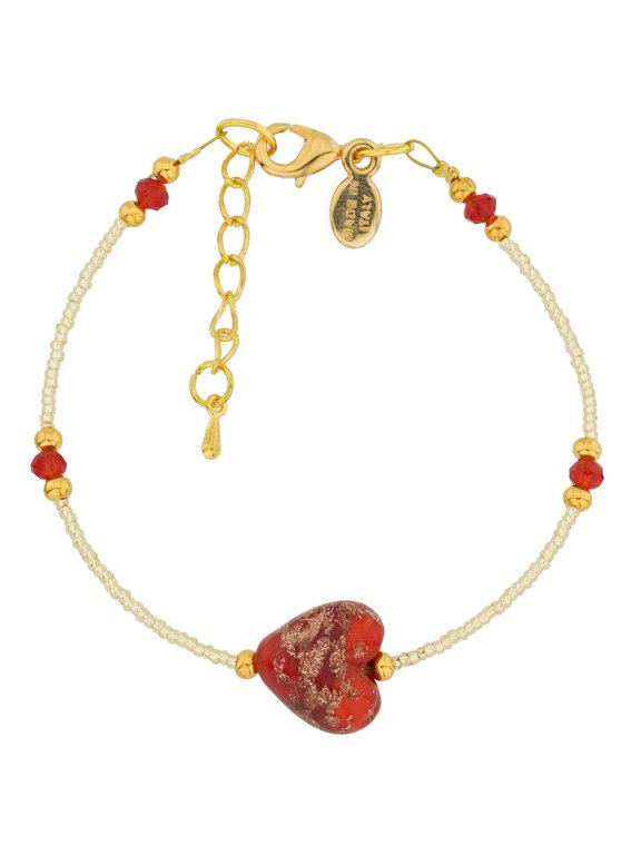 Murano Glass Heart Bracelet - Red Sparkles