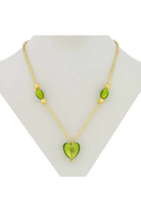 Murano Glass Heart Gold Foil Necklace - Lime Green