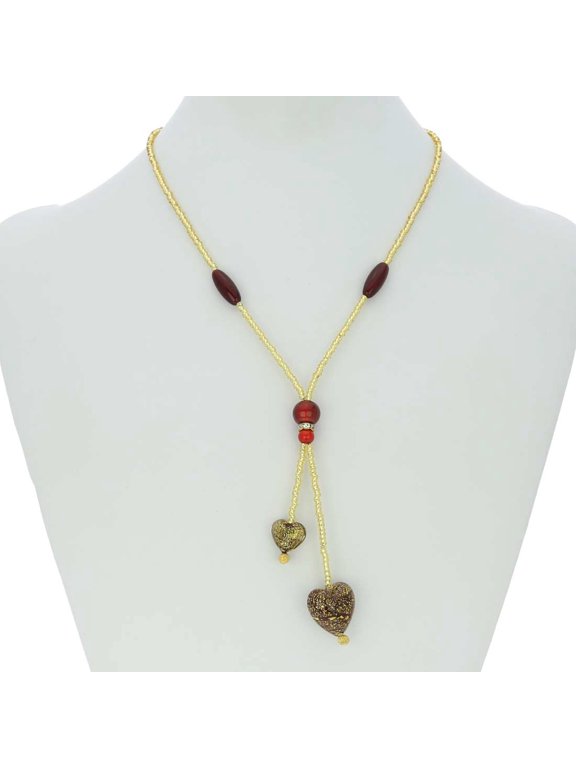 Murano Glass Heart Tie Necklace - Ruby Red and Gold