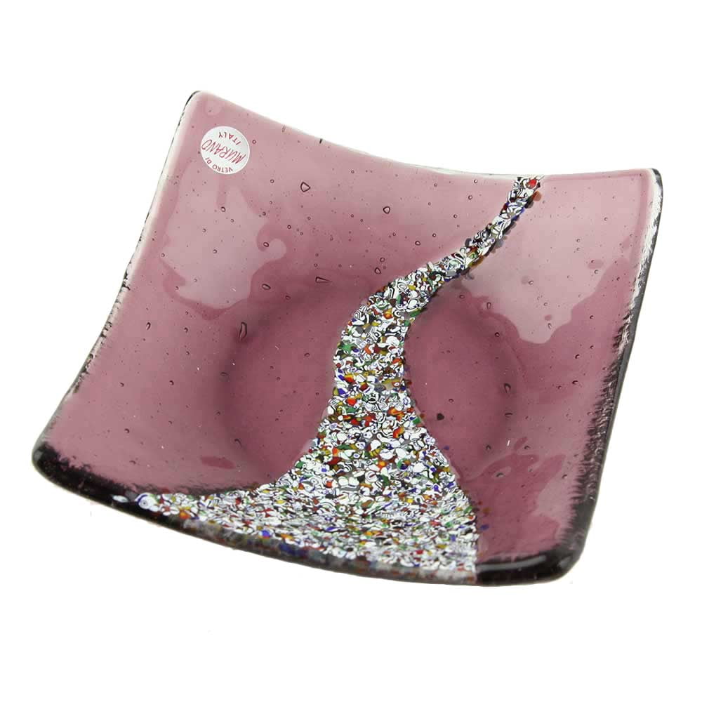 Amethyst Murano Glass Square Decorative Plate with Millefiori Mosaic