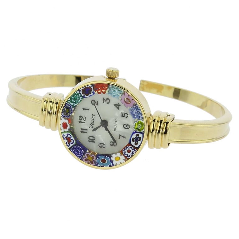 Gold Casanova Murano Glass Millefiori Women\'s Bangle Watch Murano Watches | Murano millefiori bangle watch - white gold main image 3