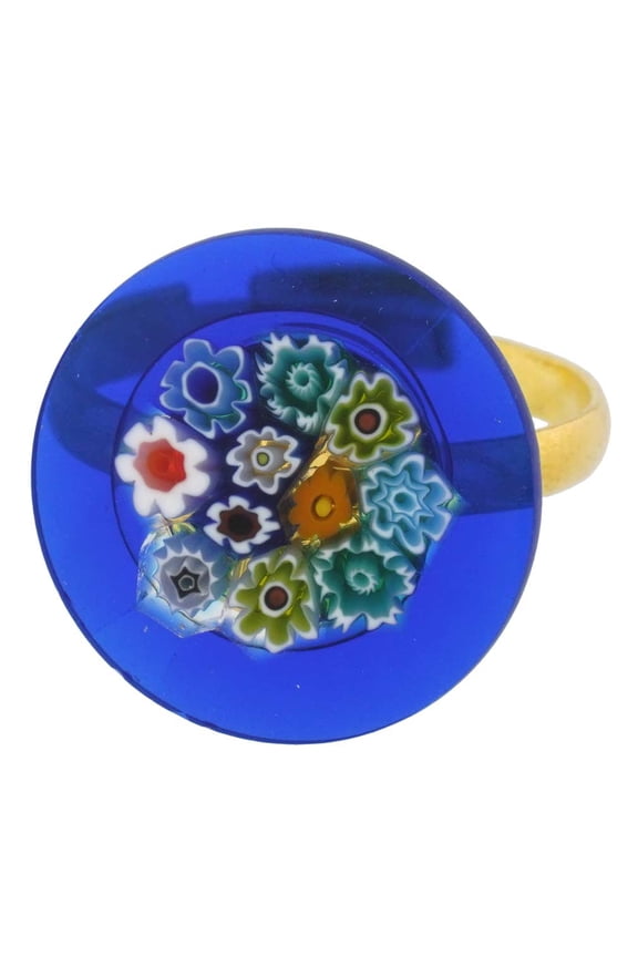 Murano Glass Millefiori Blue Multicolor Ring 3/4 Inch