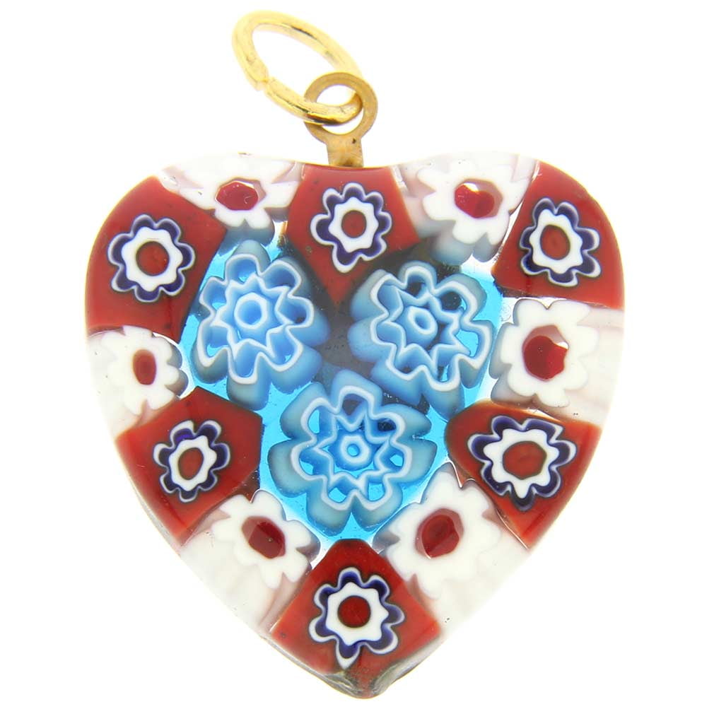 Authentic Murano Glass Millefiori Heart Pendant - Handmade In Venice, Italy (Red & Blue)