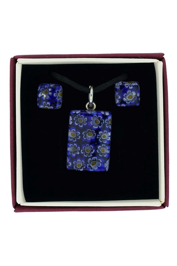 Murano Glass Millefiori Necklace and Earrings Set - Navy Blue