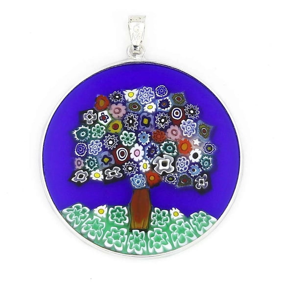 GlassOfVenice Murano Glass Millefiori Pendant "Tree of Life" in Silver Frame 1-1/2"
