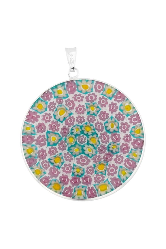 Murano Glass Millefiori Pendant in Silver Frame 1-1/2"