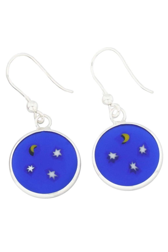 Murano Glass Millefiori Round Dangle Earrings Moon And Stars - Silver