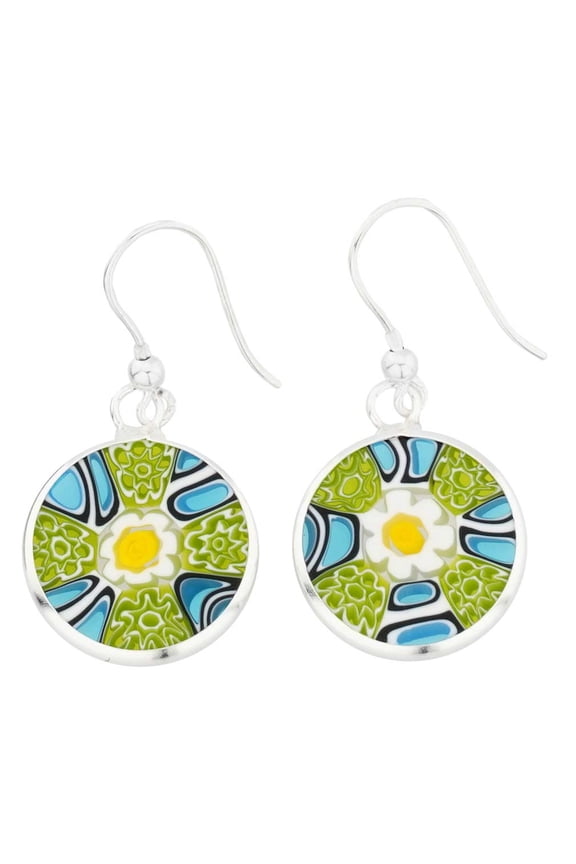Murano Glass Millefiori Round Dangle Earrings - Silver