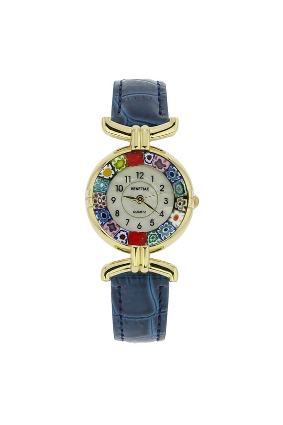 Murano Glass Millefiori Watch with Leather Band - Blue Multicolor