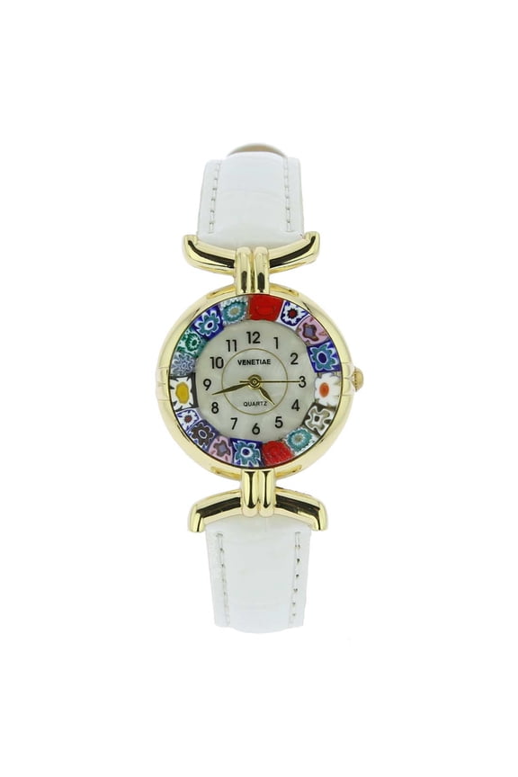 Murano Glass Millefiori Watch with Leather Band - White