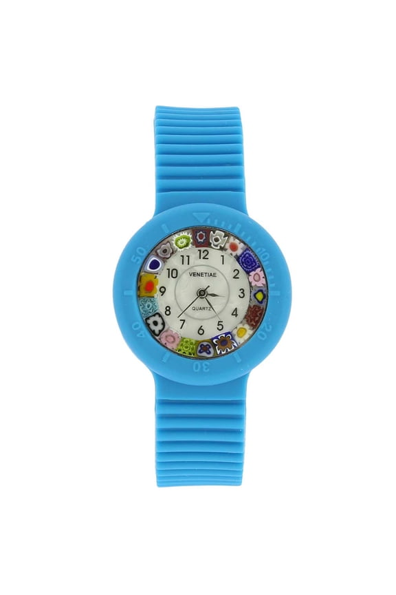 Murano Glass Millefiori Watch with Rubber Band - Aqua Blue