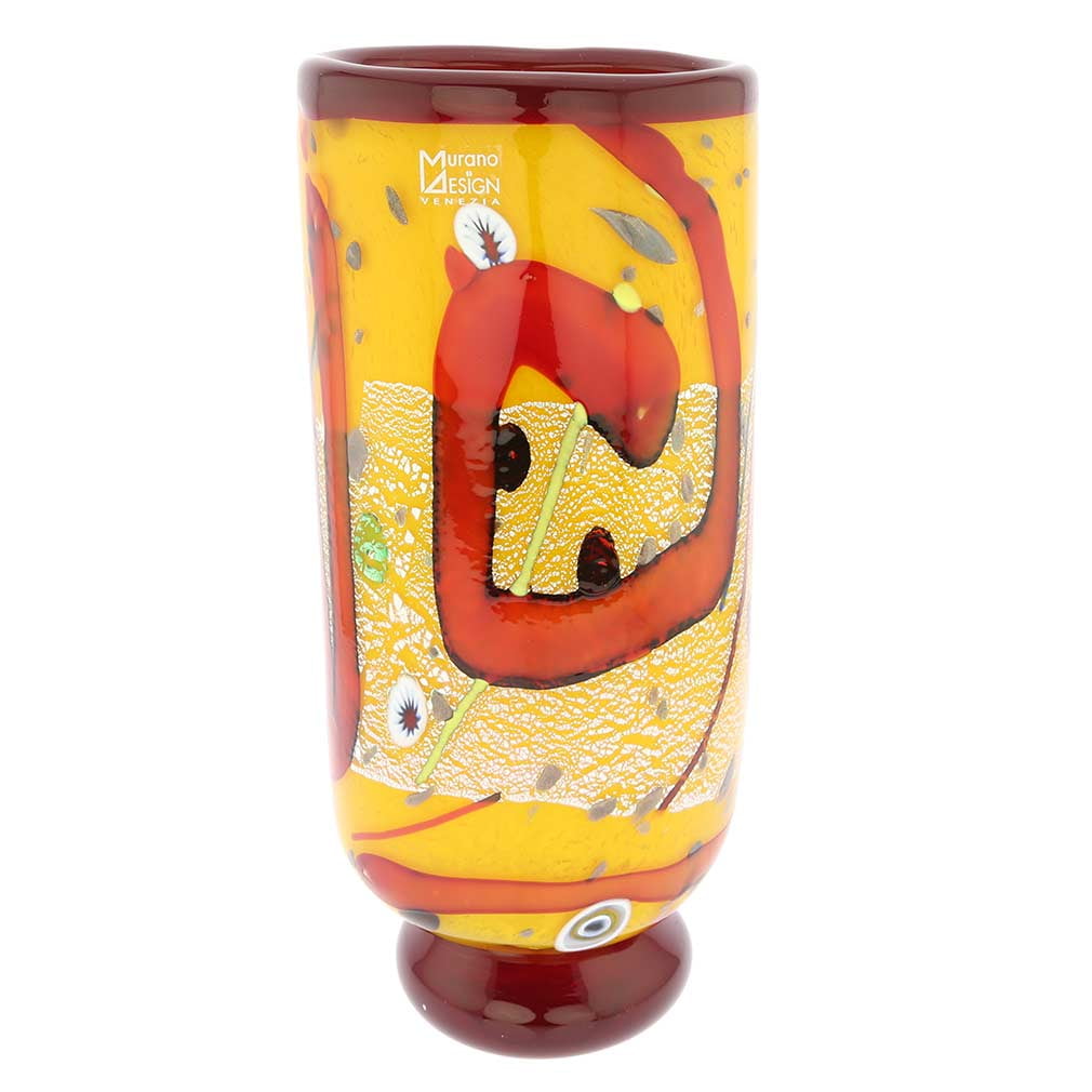 Yellow and Red Murano Glass Decorative Vase with Silver Leaf
