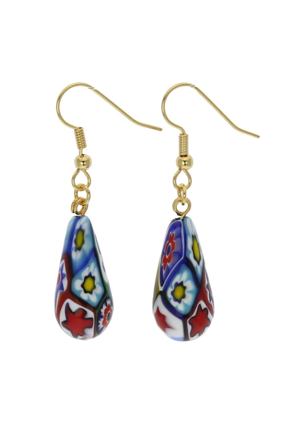 Murano Glass Mosaic Millefiori Drop Earrings - Gold