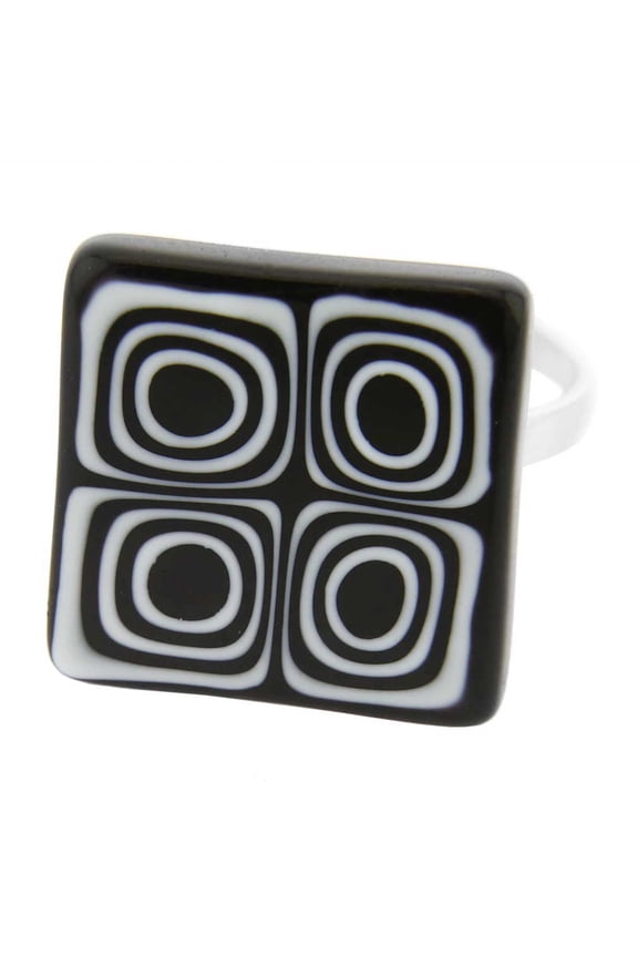 Murano Glass Mosaic Millefiori Square Ring - Black and White