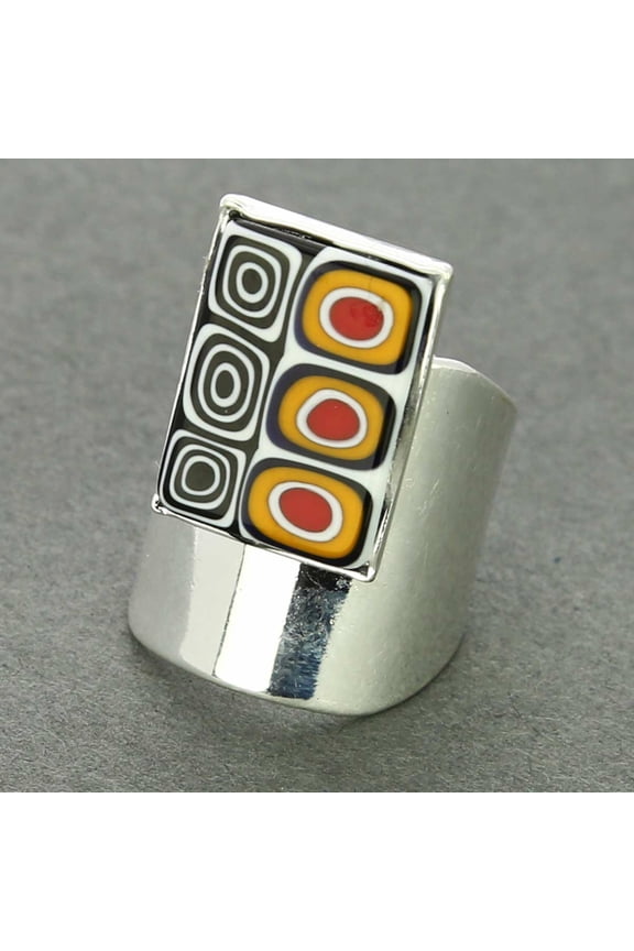 Murano Glass Mosaic Rectangular Ring - Black White and Yellow