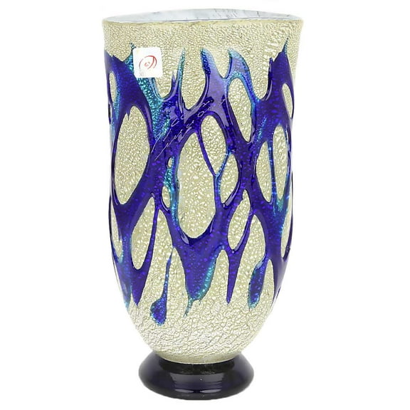 GlassOfVenice Murano Glass Silver Vase - Blue Web