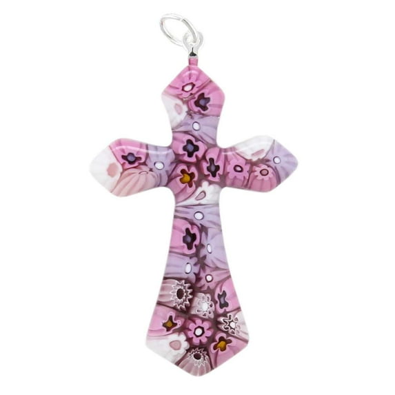 GlassOfVenice Murano Glass Tender Pink Millefiori Elegant Cross Pendant