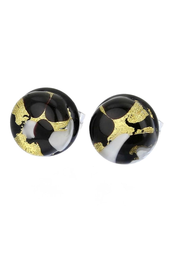 Murano Glass Venetian Reflections Round Stud Earrings - Black Gold