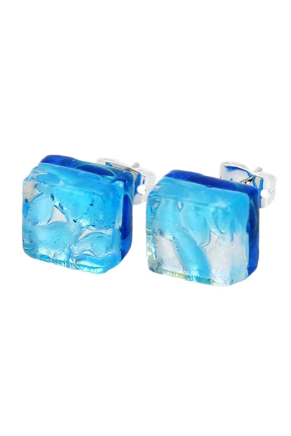 Murano Glass Venetian Reflections Square Stud Earrings - Aqua Silver