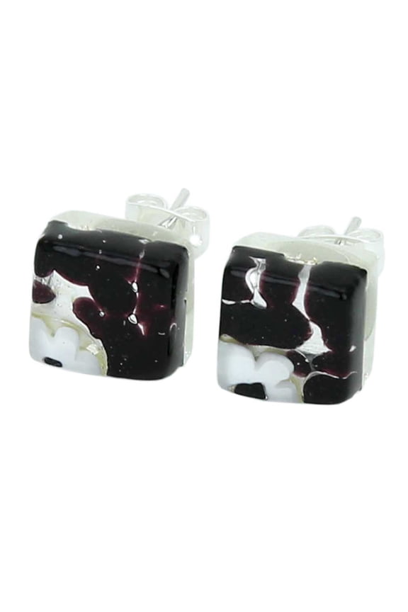 Murano Glass Venetian Reflections Square Stud Earrings - Dark Purple Silver