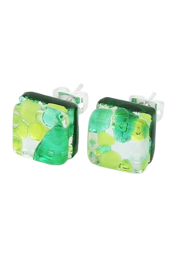 Murano Glass Venetian Reflections Square Stud Earrings - Green Silver