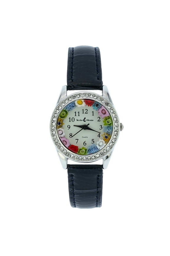 Murano Glass Watch Millefiori And Crystals With Leather Band - Black