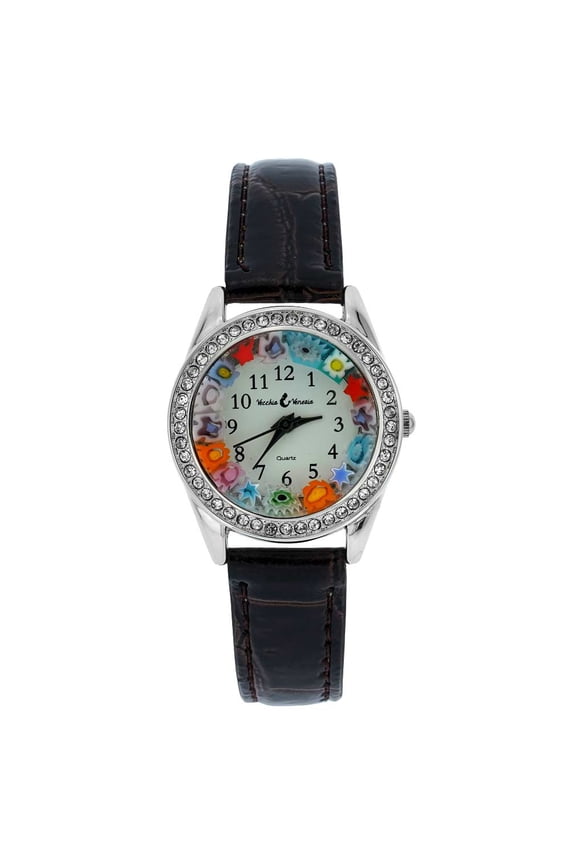 Murano Glass Watch Millefiori And Crystals With Leather Band - Brown