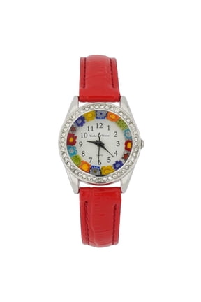 Murano Glass Watch Millefiori And Crystals With Leather Band - Red