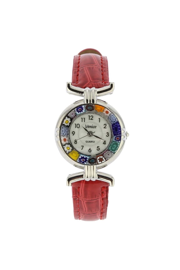 Murano Millefiori Watch With Leather Band - Silver Red Multicolor