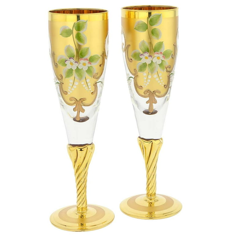 Set of Two Murano Glass Champagne Flutes 24K Gold Leaf - Blue